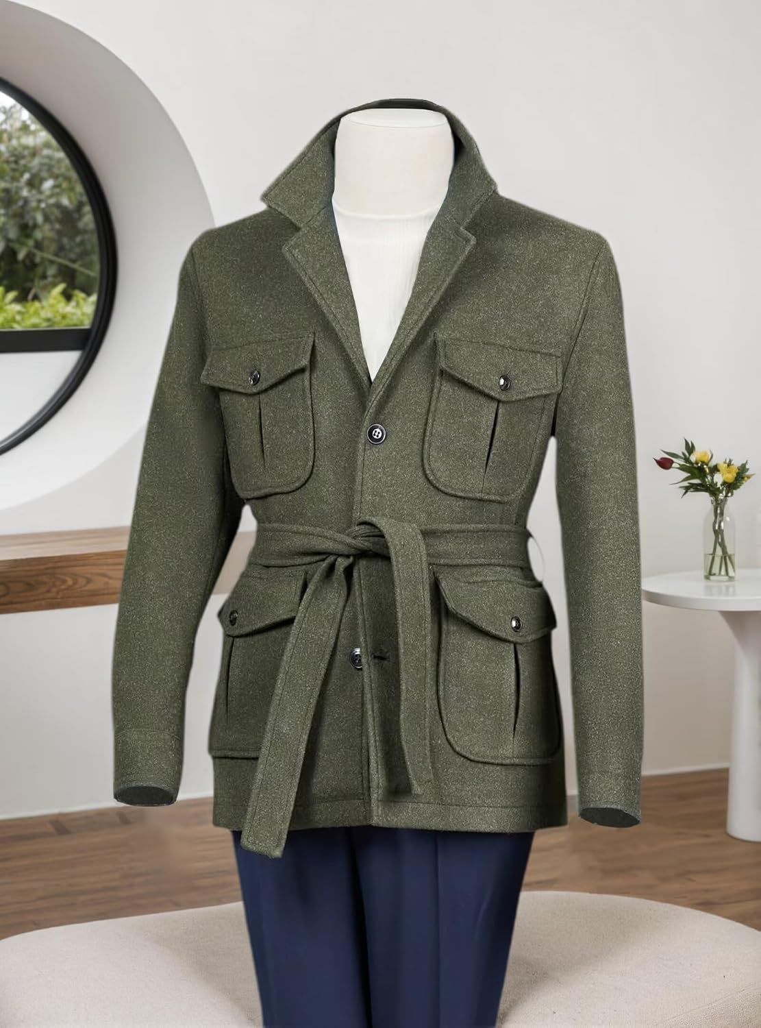 Mens Pea Coat with Belt Wool Blend Mens Winter Jacket Casual Safari Jacket Notched Collar Coat