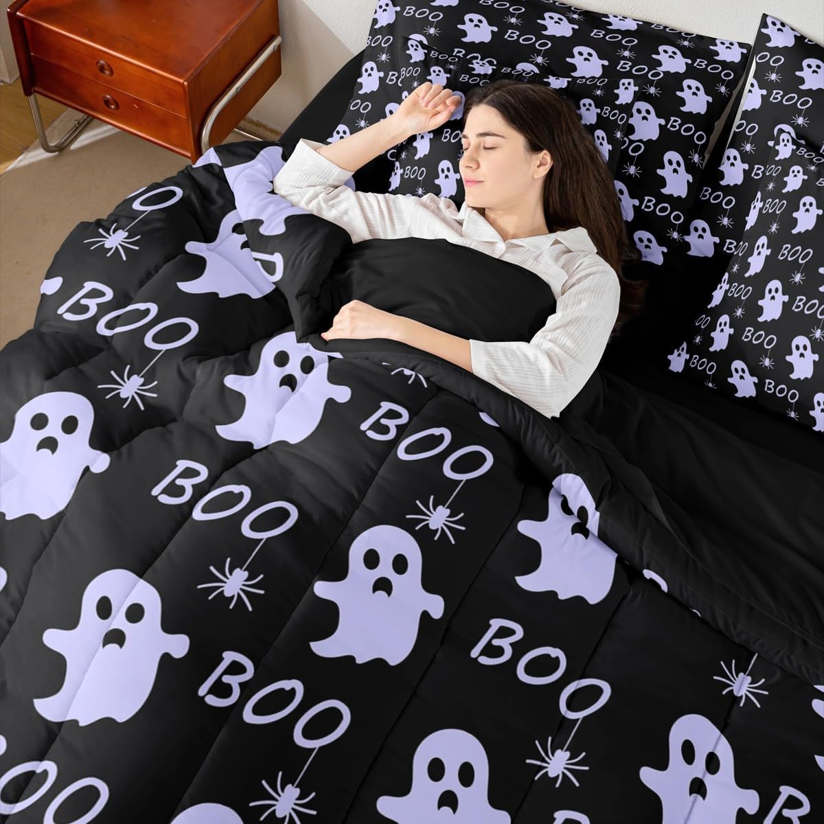 Feelyou Happy Halloween Queen Comforter Set with Sheets for Kids Boys Girls Kawaii Ghost Printed 7 Pieces Bedding Set Cute Ghost Bed in a Bag Room Decor Soft Lightweight Microfiber