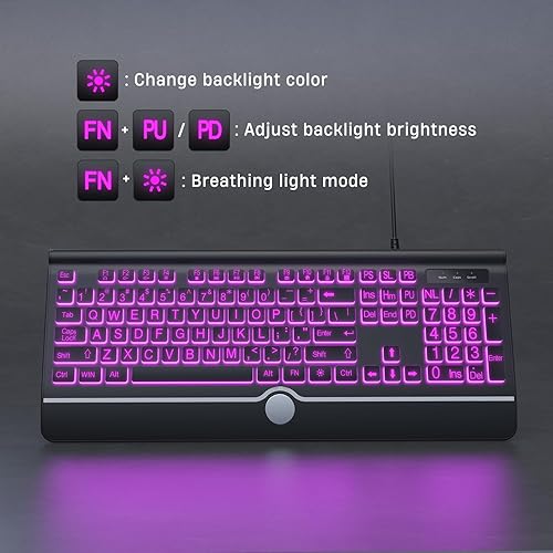 Miniatura 5 de Teclado de computadora retroiluminado con impresión grande, teclados USB con cable de tamaño completo con retroiluminación de 7 colores,
