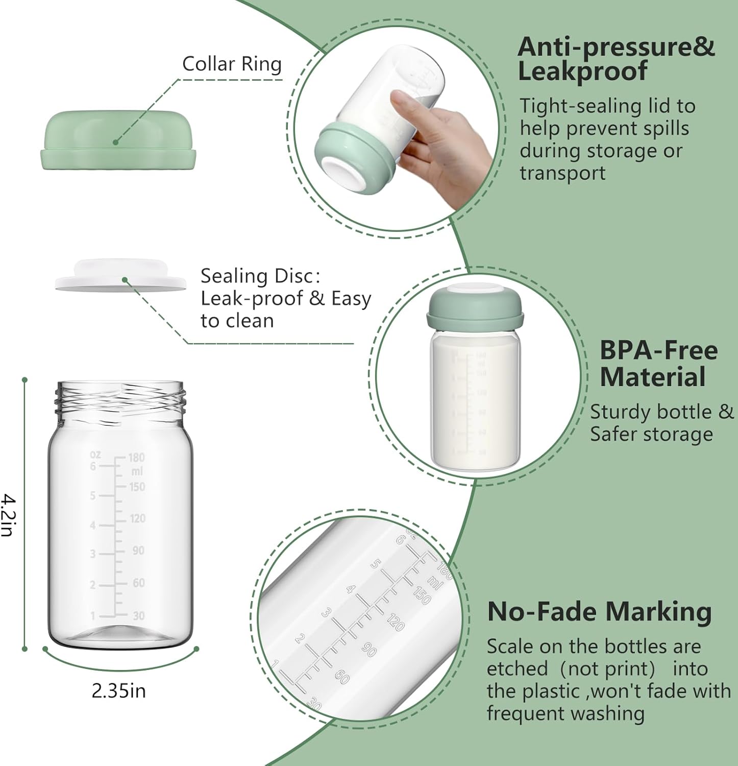Breastmilk Storage Bottles Collection Bottles, 6oz Wide-Neck Breast Milk Container Compatible for Spectra S1 S2 SG Motif Luna Breast Pumps, Fit for Momcozy Breast Milk Cooler & Fridge, 4 Packs