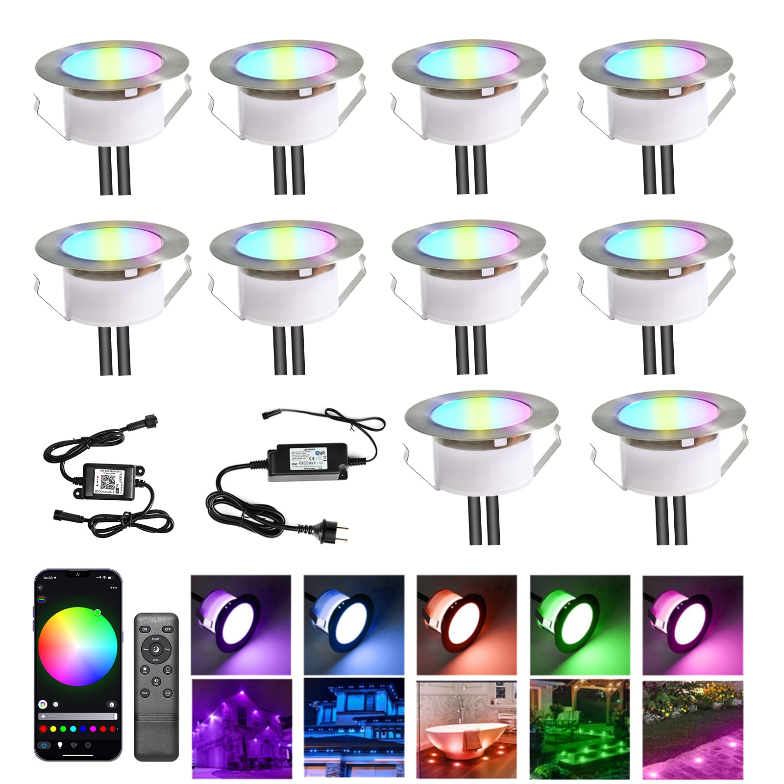 10er Wifi RGB Terassenbeleuchtungen Bodeneinbaustrahler aussen Arbeitet mit Alexa, DC12V Ø61mm 1.5W Große Größe Led bodenleuchten Einbaustrahler Boden Spots außenbereich