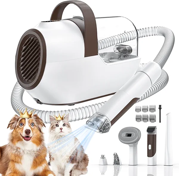 Ozumek Dog Grooming Vacuum, Dog Grooming Kit with Pet Clipper Nail Grinder, 3 Suction Modes Dog Brush Vacuum with 6 Pet Grooming Tools (Brown)