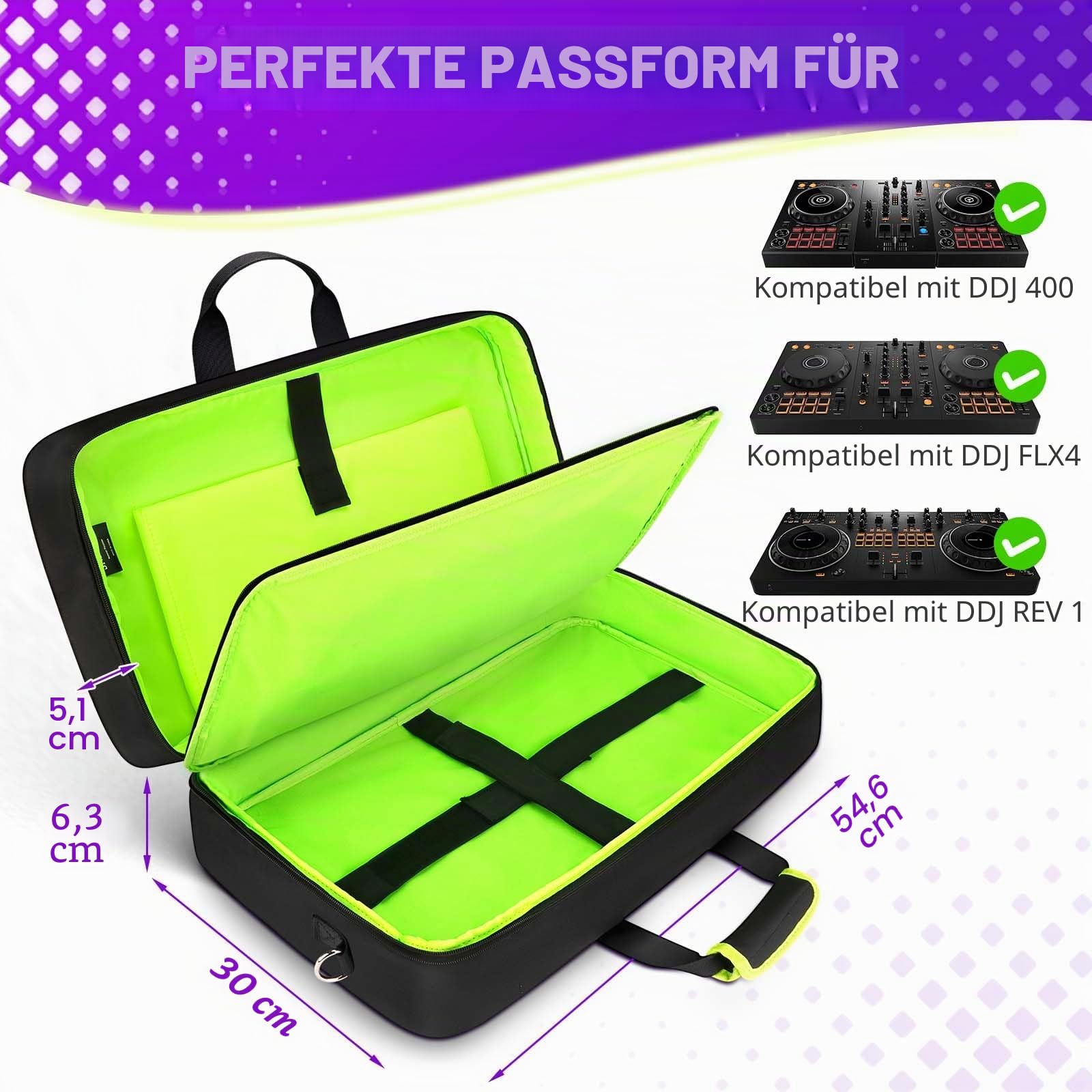 SNIGJAT DJ-Controller-Tasche für DDJ FLX4/DJ 400/DDJ REV1, gepolsterte DJ-Controller-Tasche mit 5 Taschen für Laptop, Kopfhörer, Kabel, DJ-Tragetasche mit verstellbarem Schultergurt, 54,6 x 30 x 6,3
