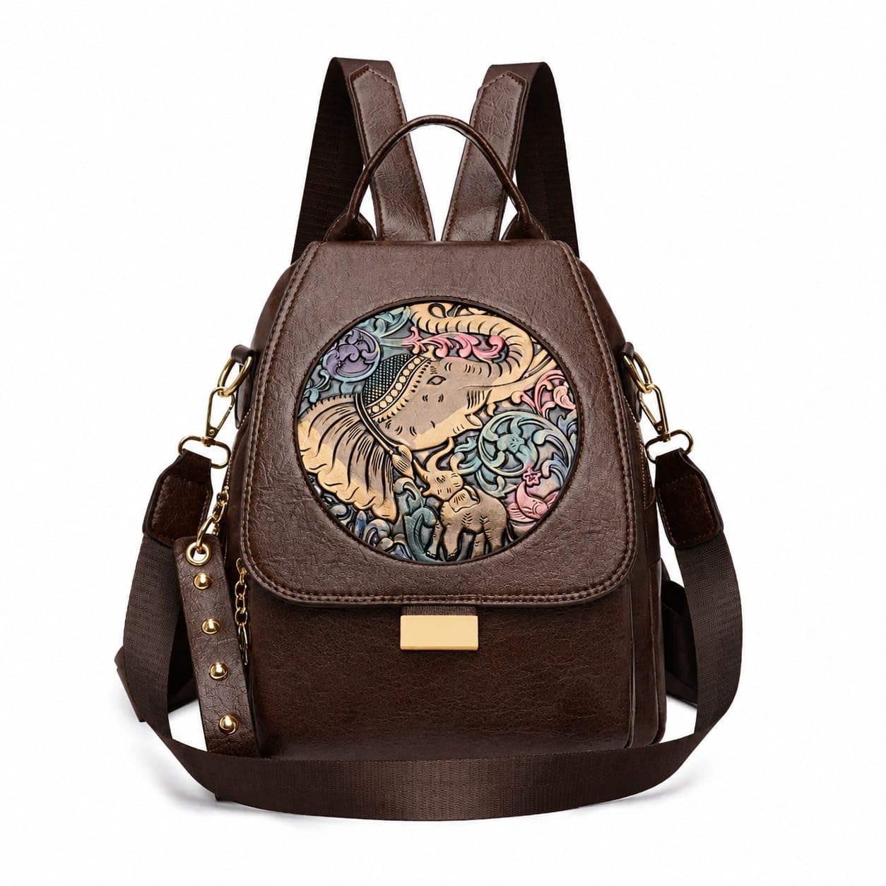 Stylish Women's PU Leather Backpack Handbag with Elephant Art Print-picture-31