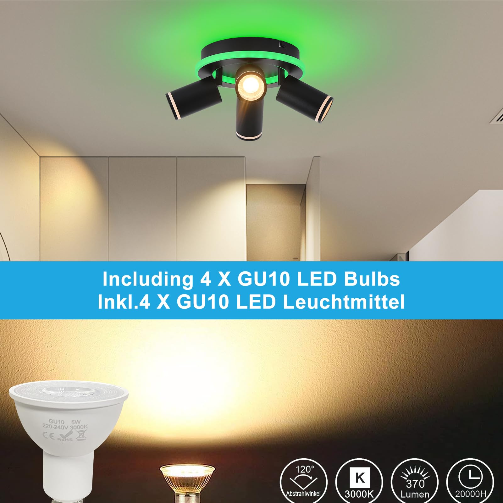 SANSHI Deckenlampe LED Dimmbar mit Fernbedienung,RGB Farbwechsel,Schwarz | Schwenkbar 350° Deckenleuchte,4 Flammig Rund Deckenstrahler,unteres Glühen 14W+4x5W GU10 spots,Modern Lampe Decke für Küche