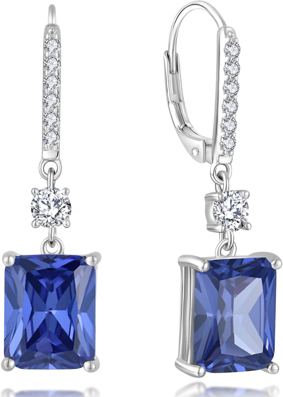 YL Princess Emerald Cut Dangle Earrings for Women, Solid 925 Sterling Silver 18K White Gold Plated Square Birthstone Halo Leverback Jewelry Gifts
