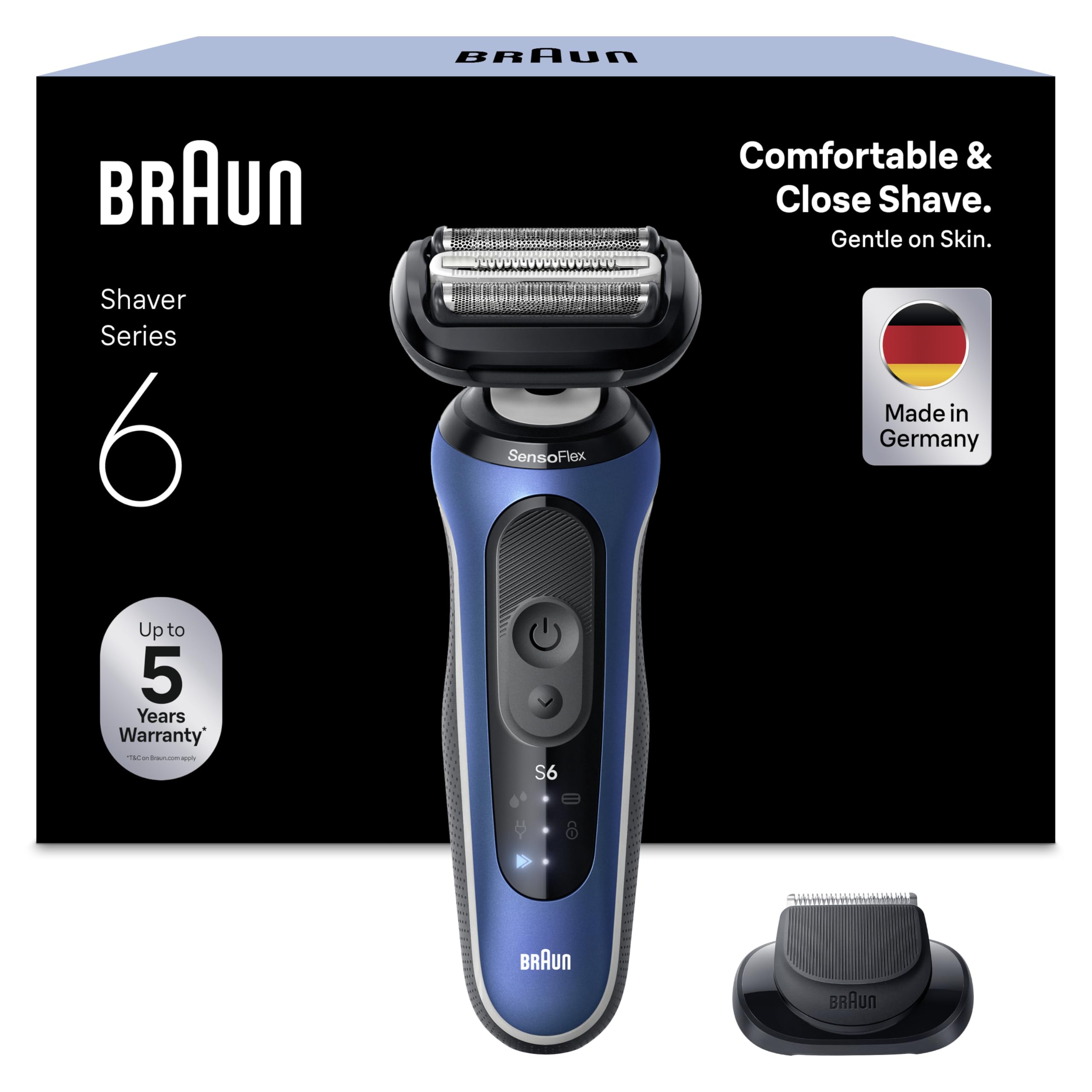 Braun Rasierer Herren Elektrisch Series 6, 62-B1200s, Blau | Kabelloser Elektrorasierer, Barttrimmer, 60 Min. Akku, Wasserdicht, Made in Germany, Inkl. 1 Präzisionstrimmer-Aufsatz
