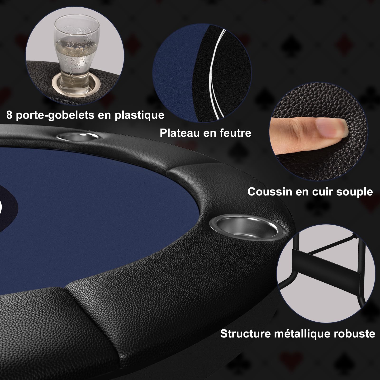HLC Table de poker pliante pour 8 personnes - 180 cm, design professionnel de casino, rebord rembourré avec porte-gobelets profonds, idéale pour les parties à domicile, les fêtes et les soirées poker.