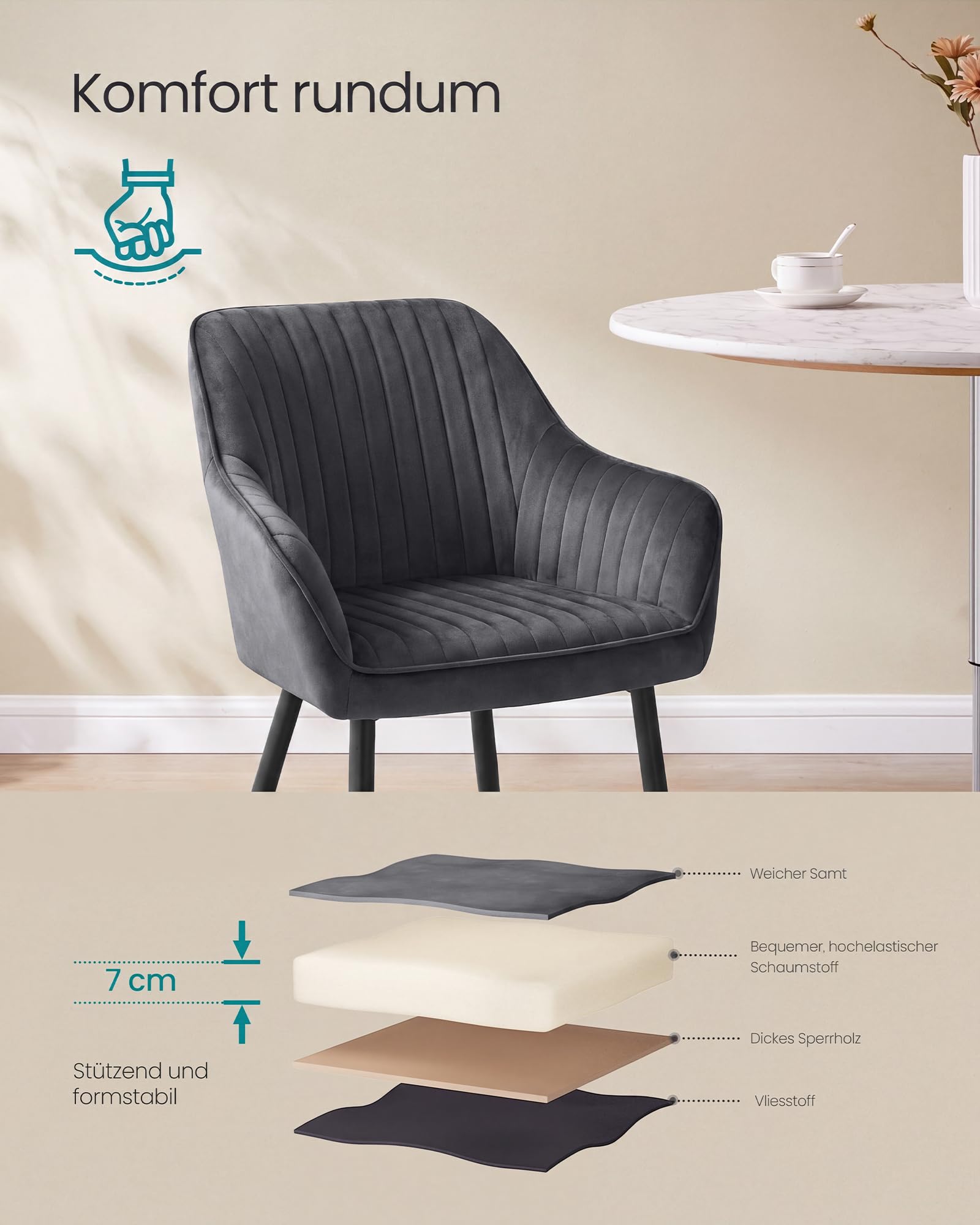 SONGMICS Esszimmerstuhl, 2er Set, Küchenstuhl, Sessel, Samt, Polsterstuhl mit Armlehnen, Loungesessel, bis 120 kg belastbar, Metallbeine, für Esszimmer, Küche, grau-tintenschwarz LDC087G02