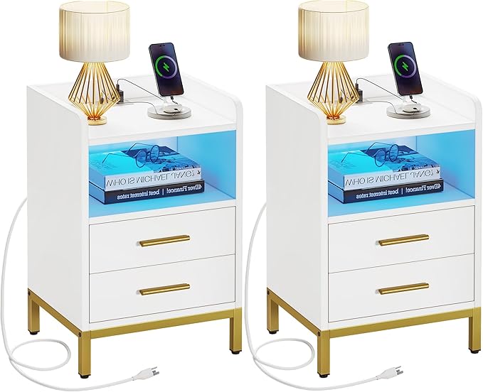 YITAHOME Nightstand with Charging Station and LED Lights