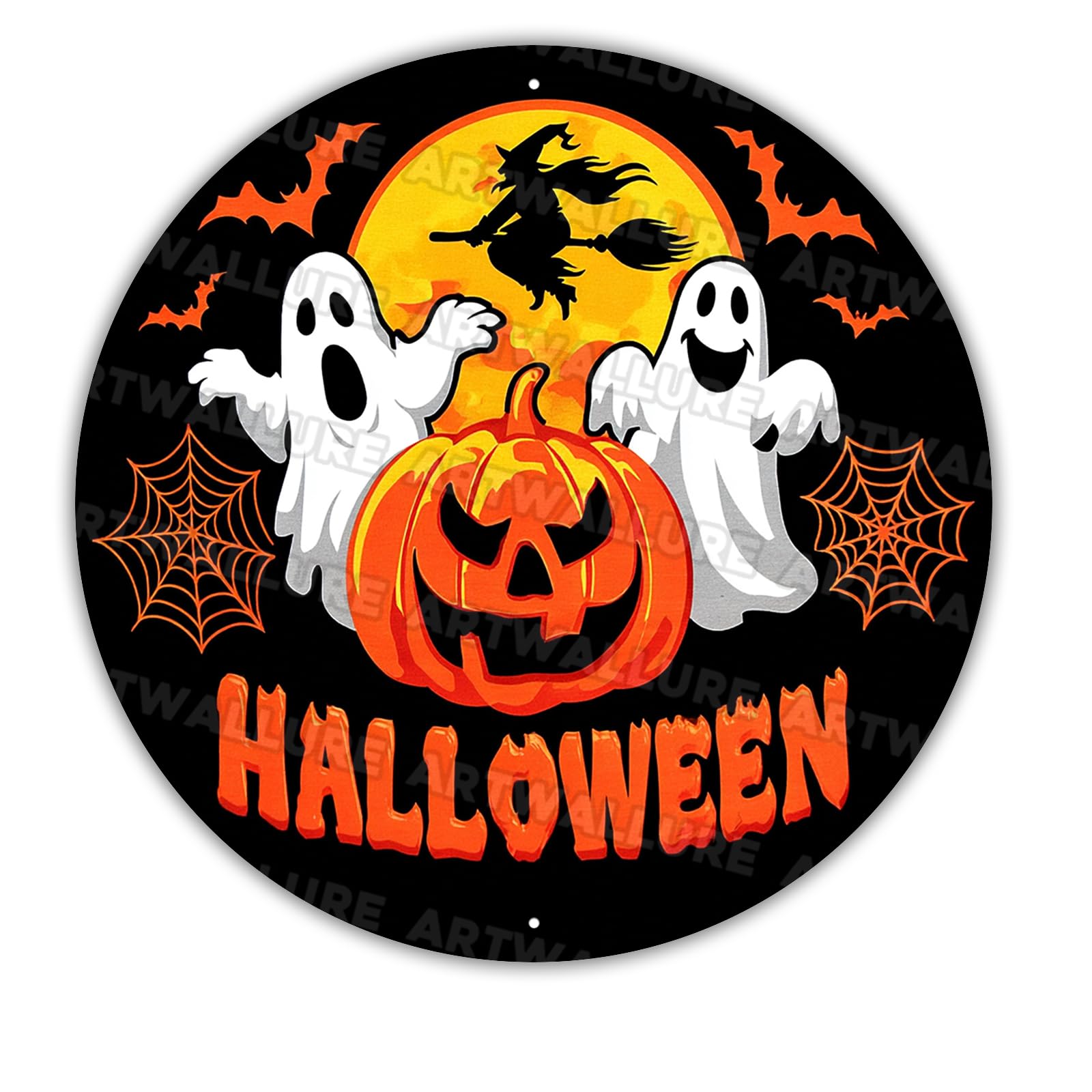 Retro Halloween Round Tin Sign Gothic Wall Art Metal Plaque Ghost Bat Witch Decor Vintage 12x12inch