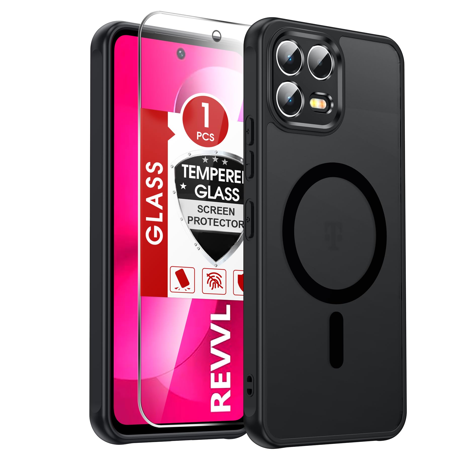for Revvl 8-Pro Phone Case: [Mag-Safe Fit] with Screen Protector & Raised Camera Guard, Matte Translucent Slim Translucent Soft-Touch Protective para Tmobile Revvl 8 Pro Case, Black