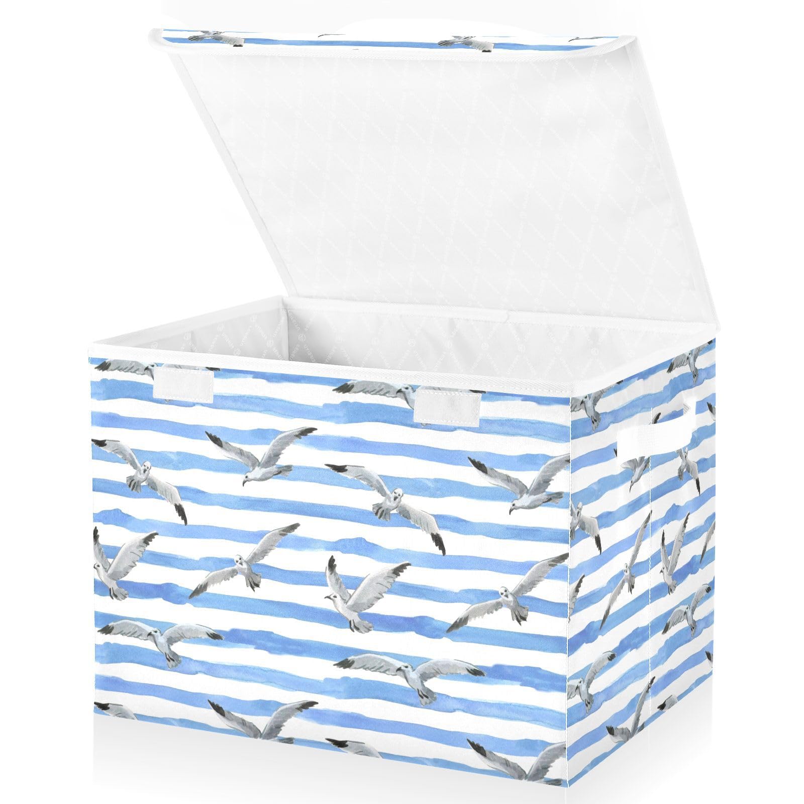 Storage Boxes with Lids, Watercolor Marine Theme Seagulls Large Storage Basket Organizer Shelves Cube Bin Toy Clothes Underbed