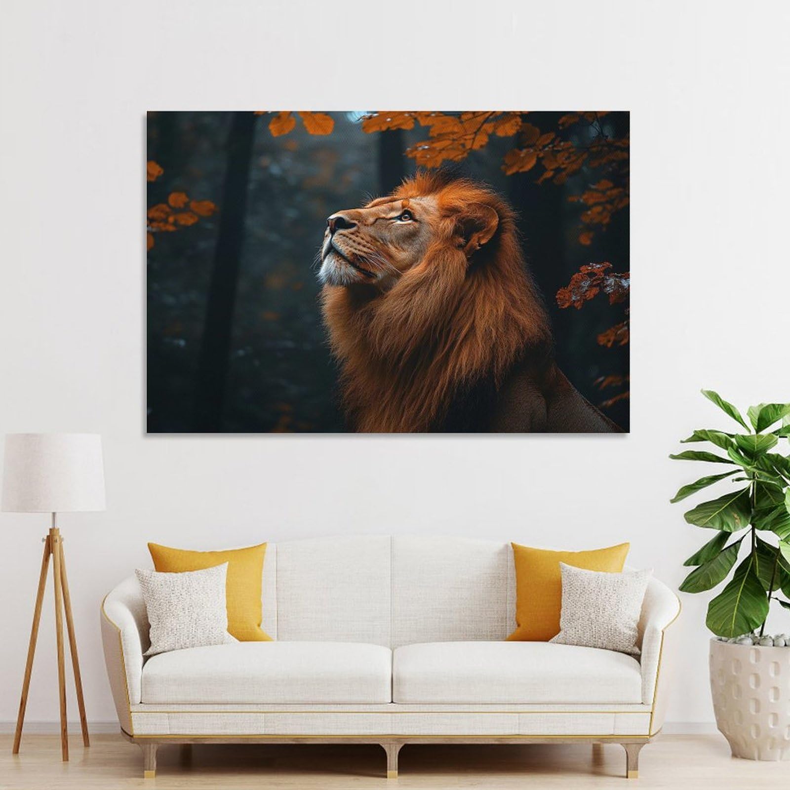 Junmoney Lion Looking Up in Autumn Forest Canvas Wall Picture, 20x30inch(50x75cm), for Wall Displays, Bedrooms Or Room Updates, Wall Decor Suited to Curated Displays