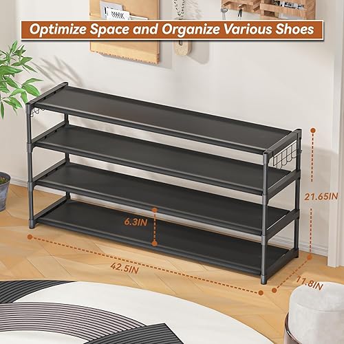 Miniatura 2 de Zapatero largo de 4 niveles organizador de zapatos con 2 ganchos, amplio organizador de zapatos apilable para entrada de armario, estante de zapatos