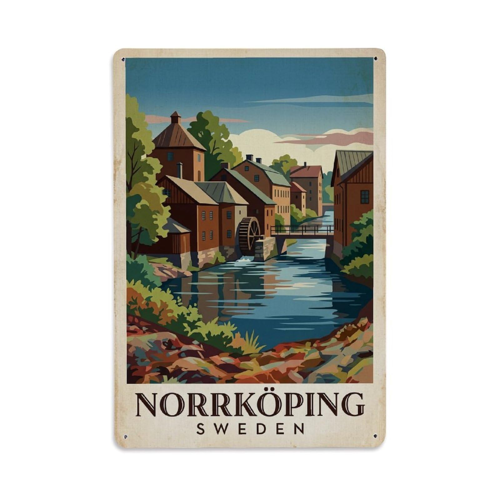 Vintage Travel Norrkoping Sweden Mills Metal Tin Sign