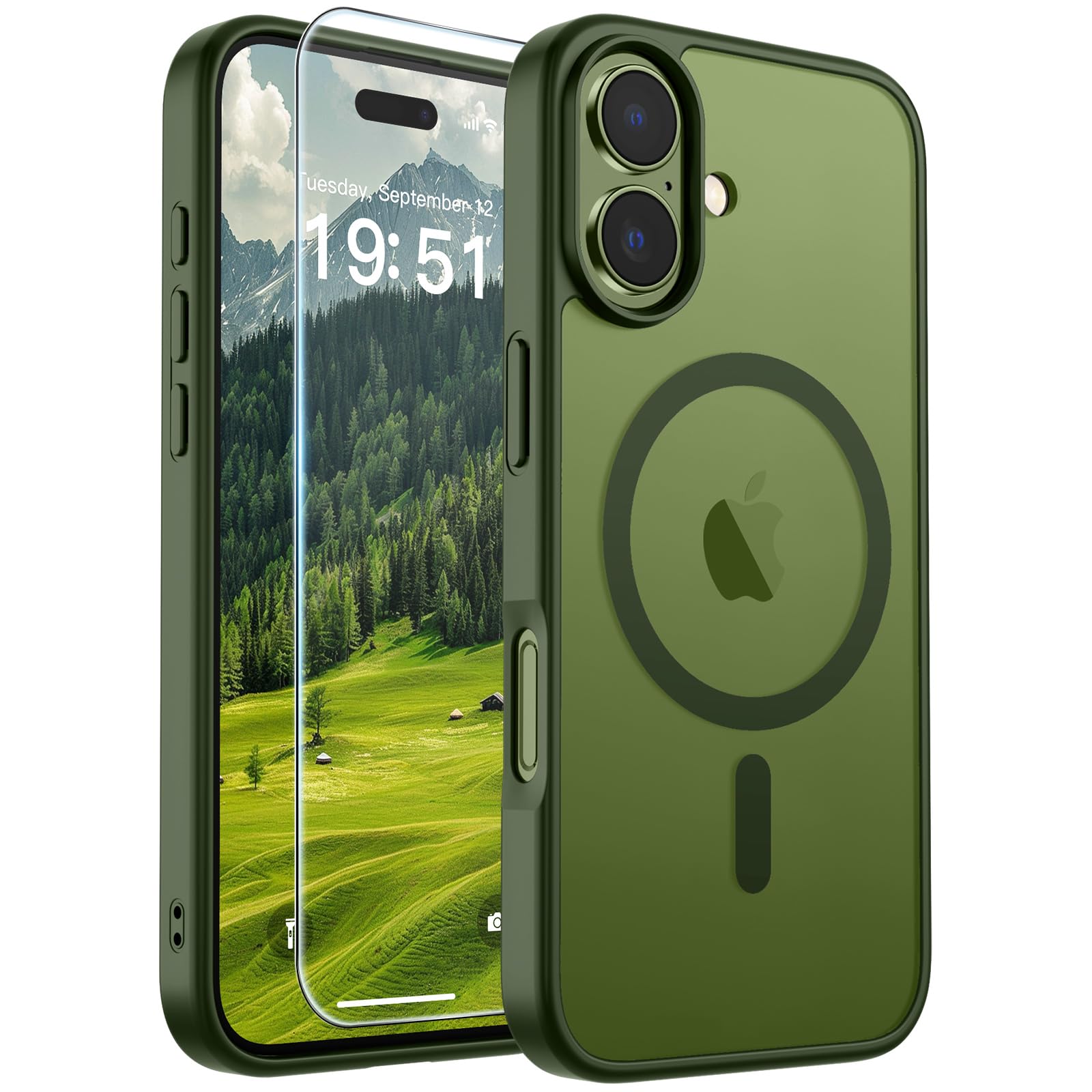 SUPFINE Magnetic for iPhone 17 Case Cangling Green with Screen Protector | Translucent Matte Phone Cover, Compatible with MagSafe, Military Grade Drop Proof, Rugged Shockproof Protective