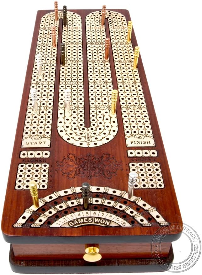 Continuous Cribbage Board Bloodwood/Maple and Side Pull Drawers - 4 Tracks with Place to Mark Won Games - House of Cribbage