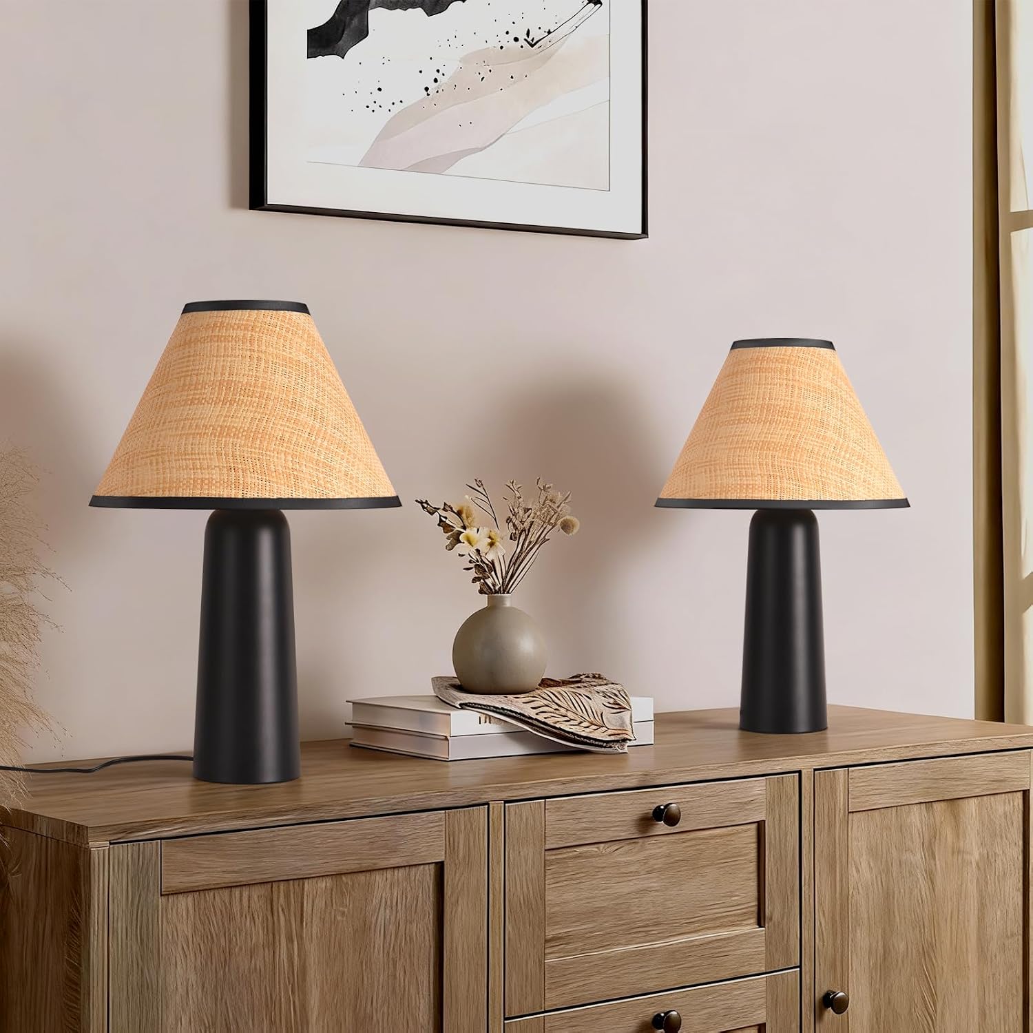 Matte Black Rattan Table Lamp for Bedroom, Modern Wicker Lamps for Bedside Nightstand, Small Table Rattan Shape Lamps for Small Spaces for Kitchen Counter, Home Office, Living Room, Kids Dorm