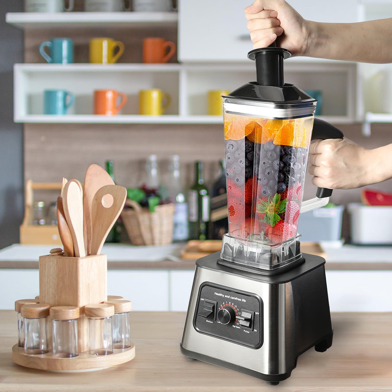2-in-1 professionele blender, 2,5 l, 6000 W, smoothiemixer, koffiemolen, 9 snelheden, elektrische citruspers met 4 messen van roestvrij staal, voor smoothies, gemalen ijs, puree, saus 2-in-1 professionele blender, 2,5 l, 6000 W, smoothiemixer, koffiemolen, 9 snelheden, elektrische citruspers met 4 messen van roestvrij staal, voor smoothies, gemalen ijs, puree, saus