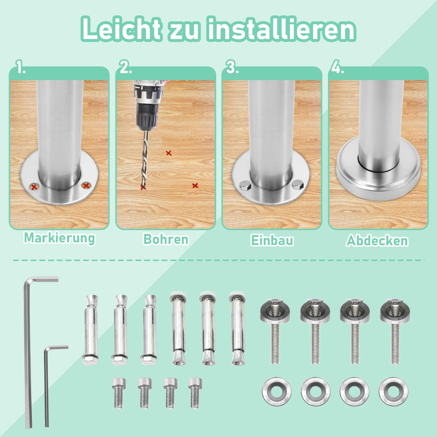 Corrimano in acciaio inox, ringhiera per scale esterne ed interne, 120 cm, Ø 42 mm, con 5 barre trasversali e accessori, ringhiera per scale regolabile ad angolo per giardino, ingresso