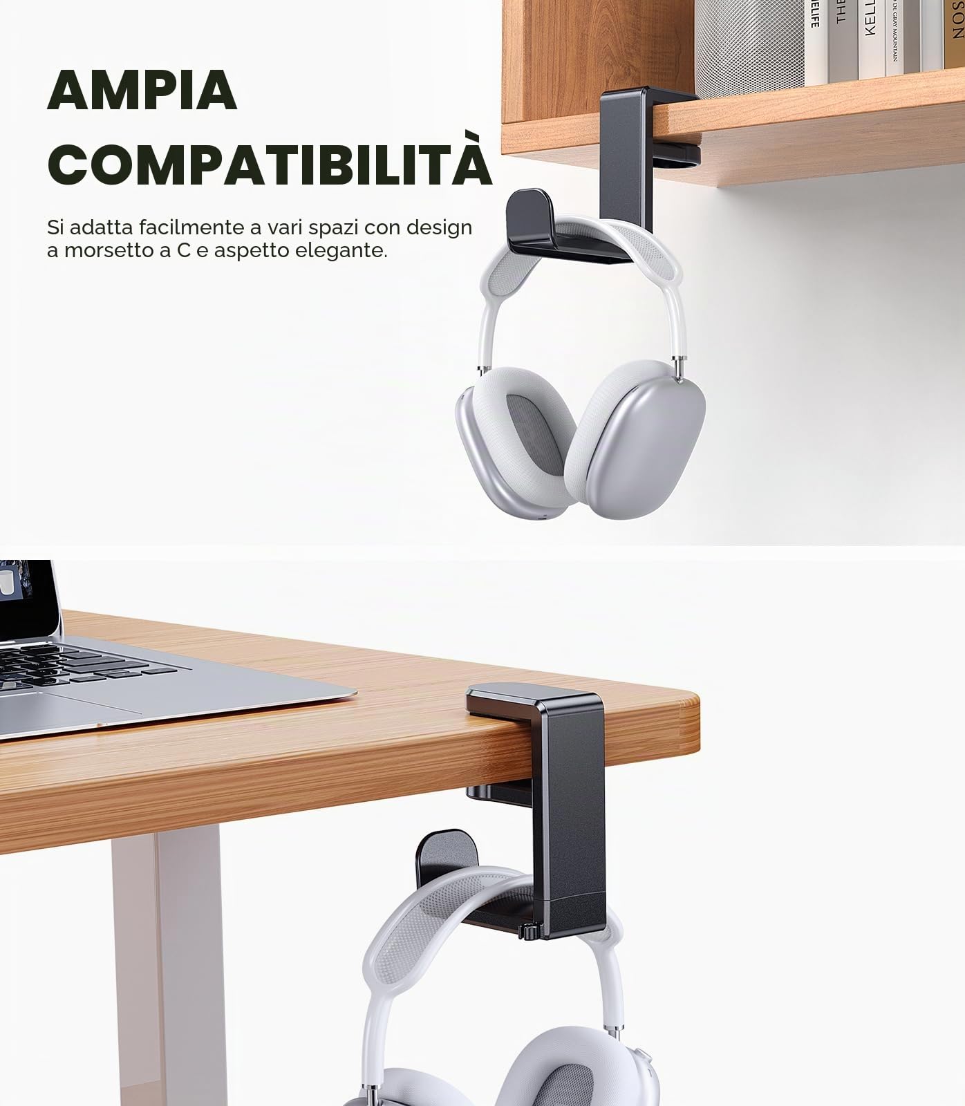 Coolpow Supporto per Cuffie Sotto la Scrivania【360° Girevole】 Porta Cuffie Gaming con Gancio Clip per Cavo per cuffie Sotto la Scrivania per Sony, Beats, HyperX