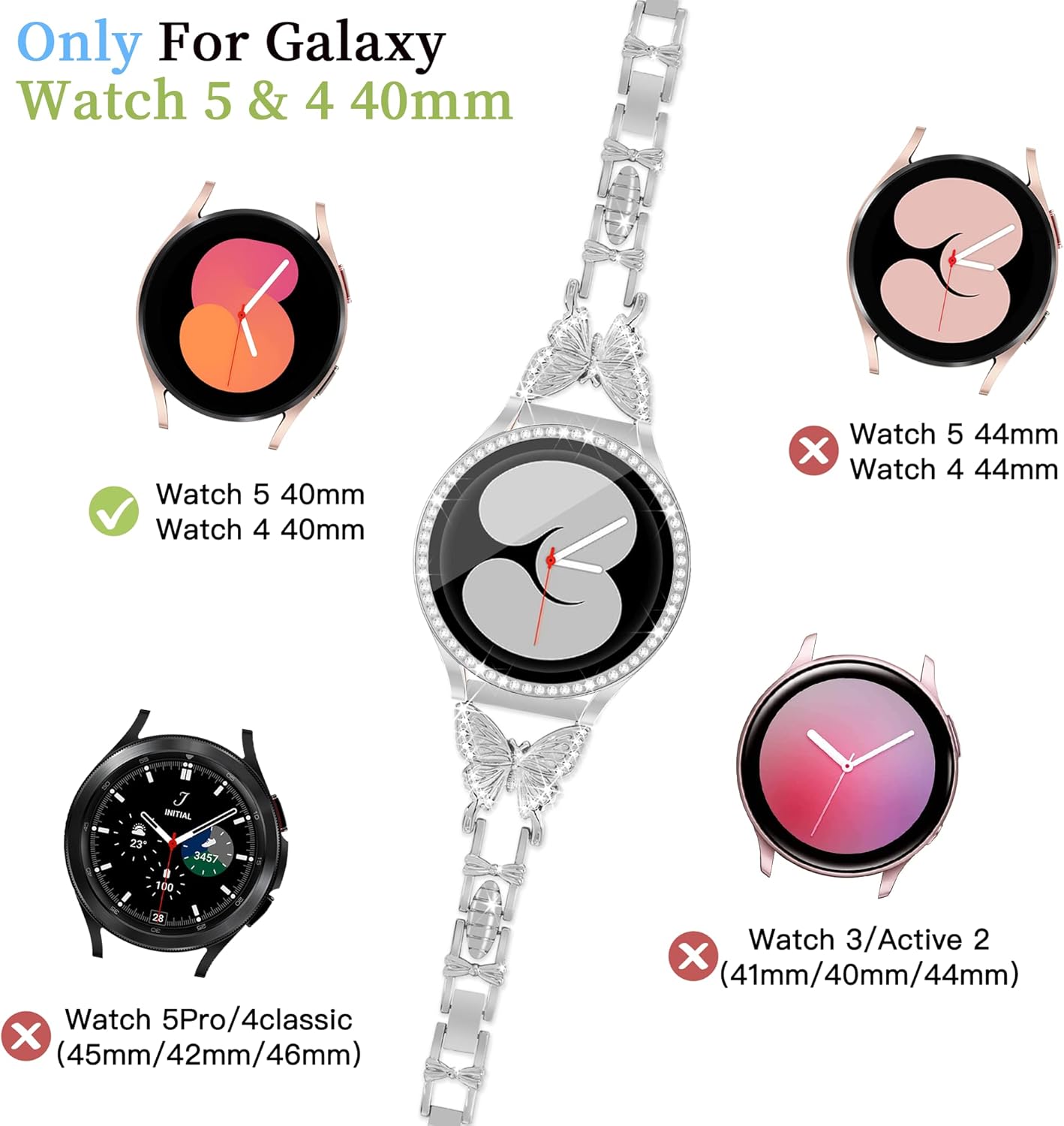Butterfly Band Compatible with Samsung Galaxy Watch 4&5 Band-40mm with Screen Protector Case, 20mm Quick Release Women Diamond Cute Metal Slim Watch Bands & Bling Protective Cover Case (Silver)