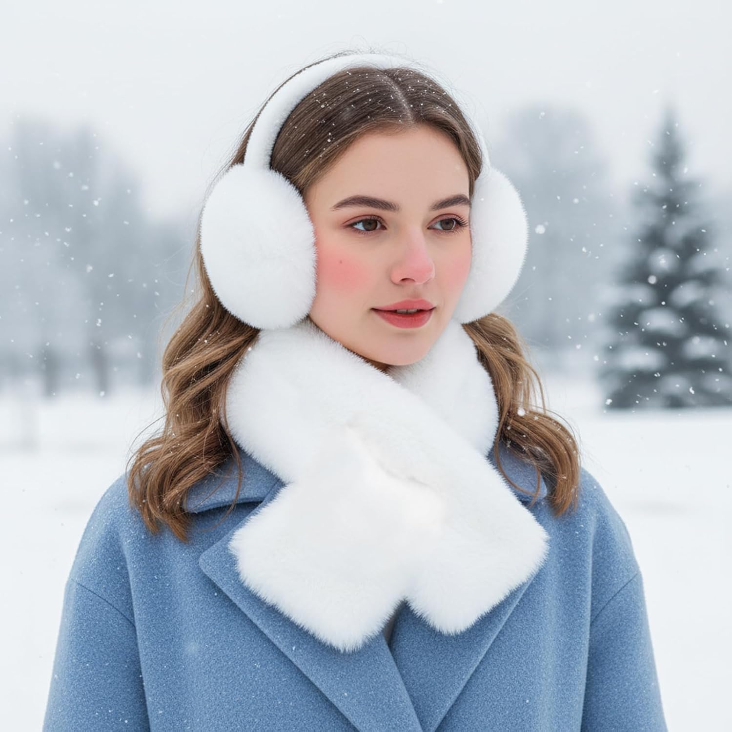 Faux Fur Ear Muffs and Collar Scarf Set,Warm Earmuffs Neck Warmer Set Women