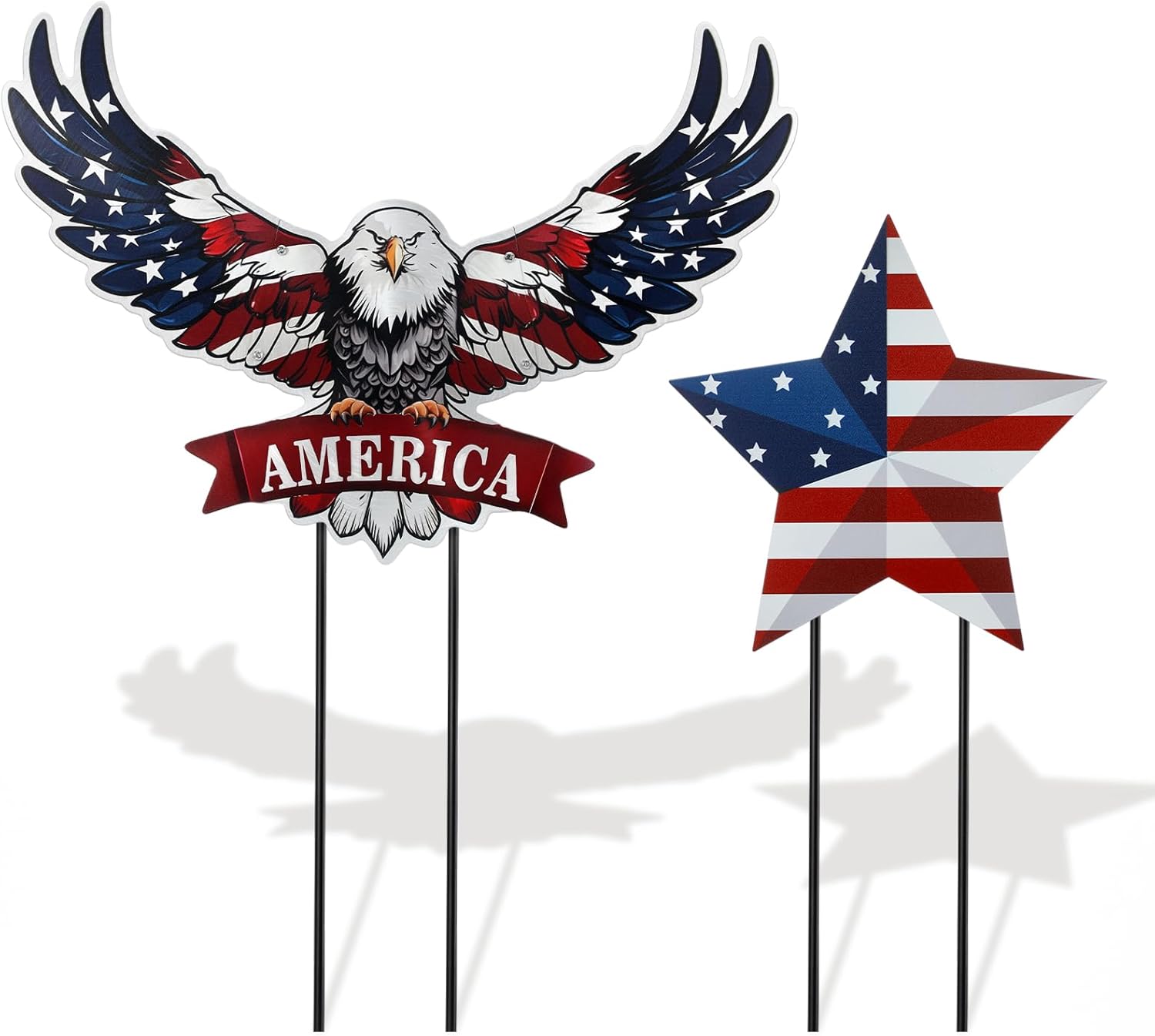 Silkfly 2pcs 4th of July Metal Decorations for Outdoor Patriotic Memorial Day Garden Yard Sign 250th Eagle Metal Blue Red Star Art Decor Outside Americana Garden Stake for Lawn Independence Day Gifts