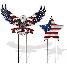 Silkfly 2pcs 4th of July Metal Decorations for Outdoor Patriotic Memorial Day Garden Yard Sign 250th Eagle Metal Blue Red Star Art Decor Outside Americana Garden Stake for Lawn Independence Day Gifts