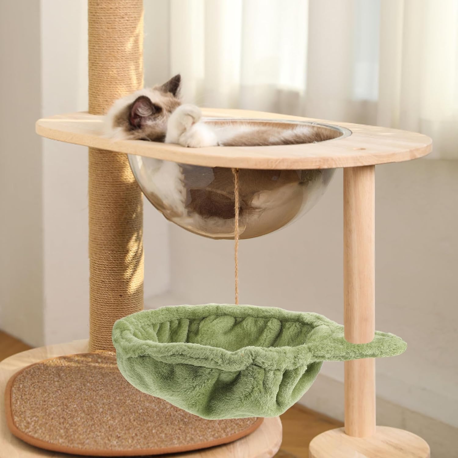 Cat Tree Accessory Replacement Platform Hammock for Cats, Green 33cm | Plush Lounge Basket, Lint and Steel Ring, for Pet Cages and Balcony Posts