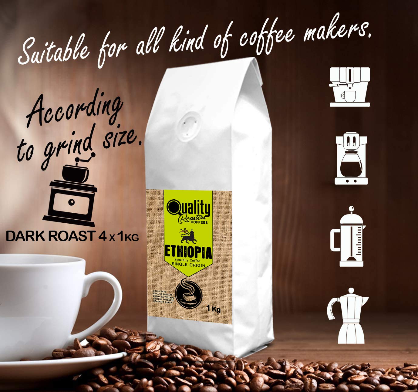 Quality Roasters Coffees. Café en grains torréfié de spécialité. Origine unique Ethiopie Sidamo. Processus : Lavé. Torréfié moyenne. Torréfaction artisanale. (4 Kg)