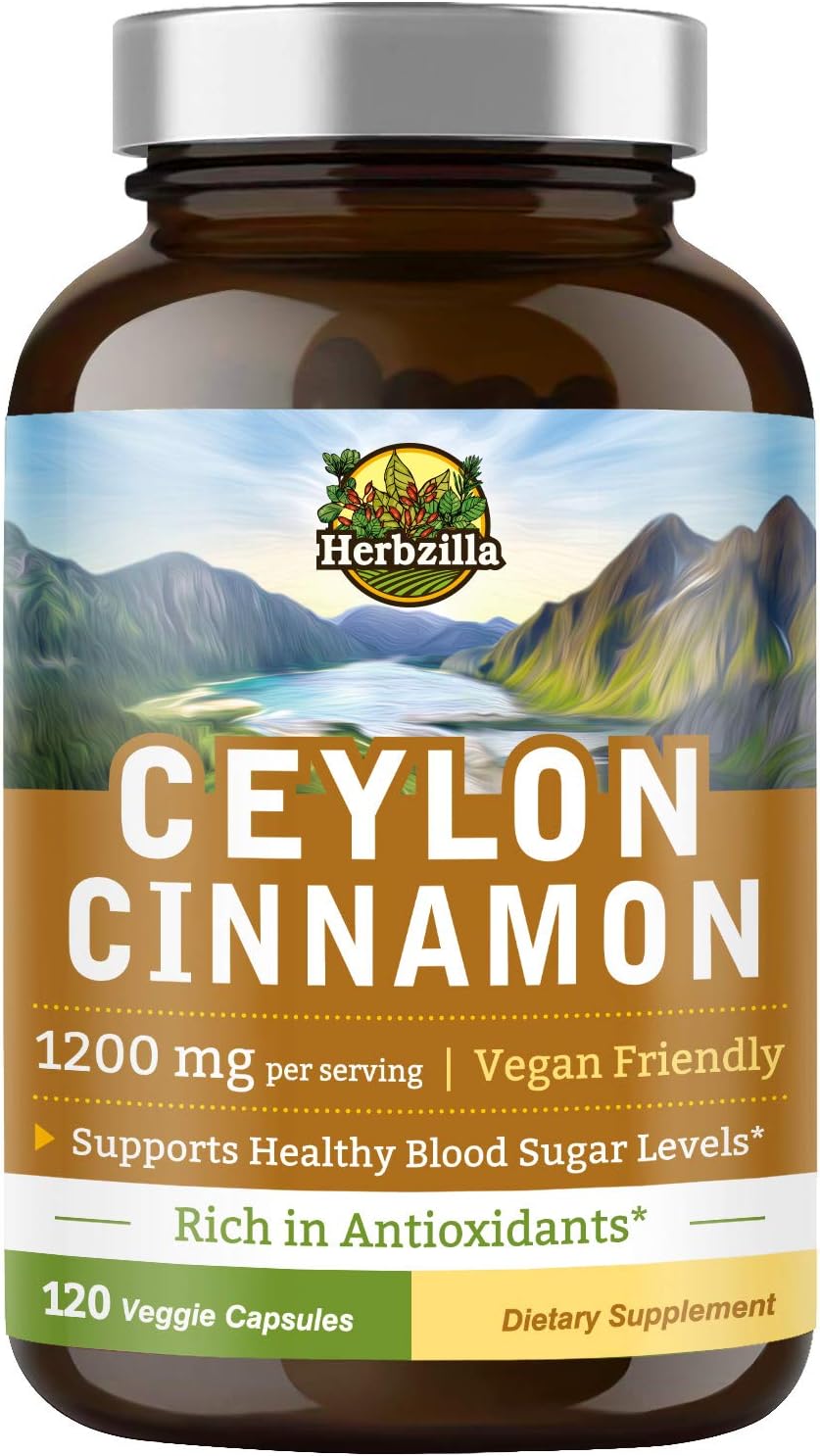 Herbzilla Organic Ceylon Cinnamon 1200mg Made from Freshly Ground True Cinnamon from Sri Lanka, Blood Sugar Support & Antioxidant Functions, Best Vegan 120 caps, Non-GMO, NO Gluten & NO Soy : Health & Household