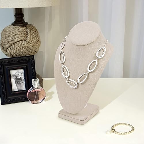 Miniatura 6 de MOOCA Cadena de madera cubierta de lino, soporte de exhibición de busto de joyería, collar de maniquí, collar de exhibición, collar de maniquí,