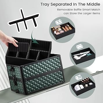 Professional 4-in-1 Large Makeup Trolley Beauty Cosmetics Vanity Organizer Rolling Make up Train Case Hairdressing Storage Box with Universal Wheels and Key Locks 4 Tiers (Dark Green)