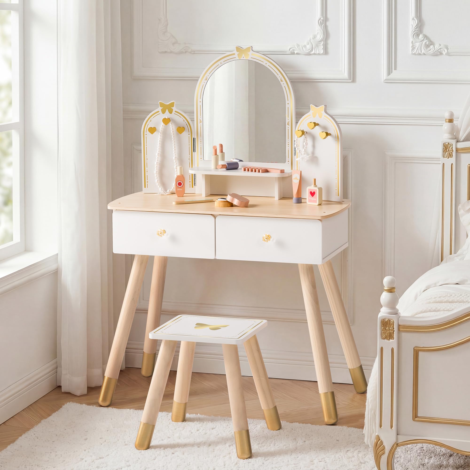 ROBUD Kinder Schminktisch mit Hocker: Mädchen kinderschminktisch mit Spiegel, Rollenspiel Schminktisch für Kinder, Frisiertisch mit Schublade und Zubehör für Kinderschminke, ab 3 Jahren （Weiß-golden）