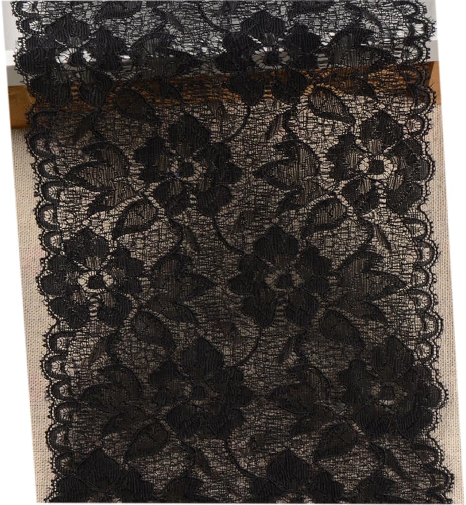 6.2 Inch Stretch Lace Trims Floral Embroidered Elastic Fabric For Garment And DIY Craft Supply by 5 Yards (Black)