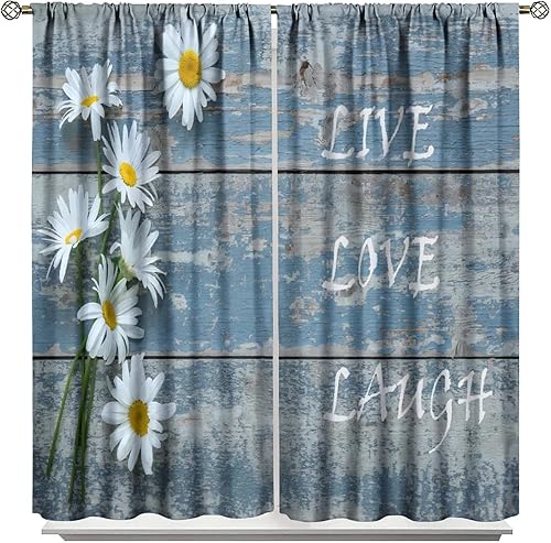Miniatura 53 de Cortinas rústicas de cocina de granja, margaritas florales de granja de primavera, cortinas opacas de madera retro con bolsillo para barra, cortinas