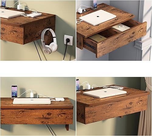 Miniatura 5 de MIN WIN Escritorio de pared flotante para computadora con tomas de corriente y puertos USB, escritorio pequeño de pared para computadora portátil
