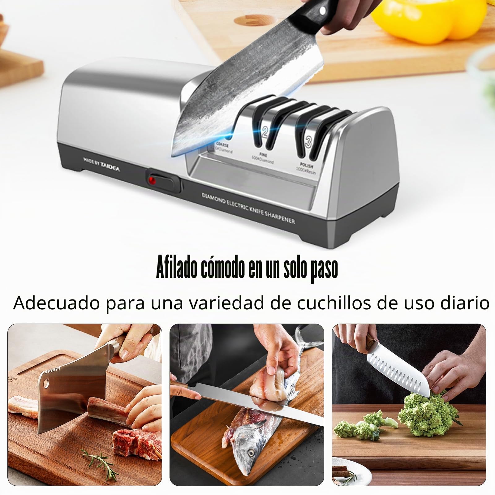 Afilador de cuchillos eléctrico, afilador de cuchillos de diamante de 3 etapas para afilar, reparar y afilar cuchillos