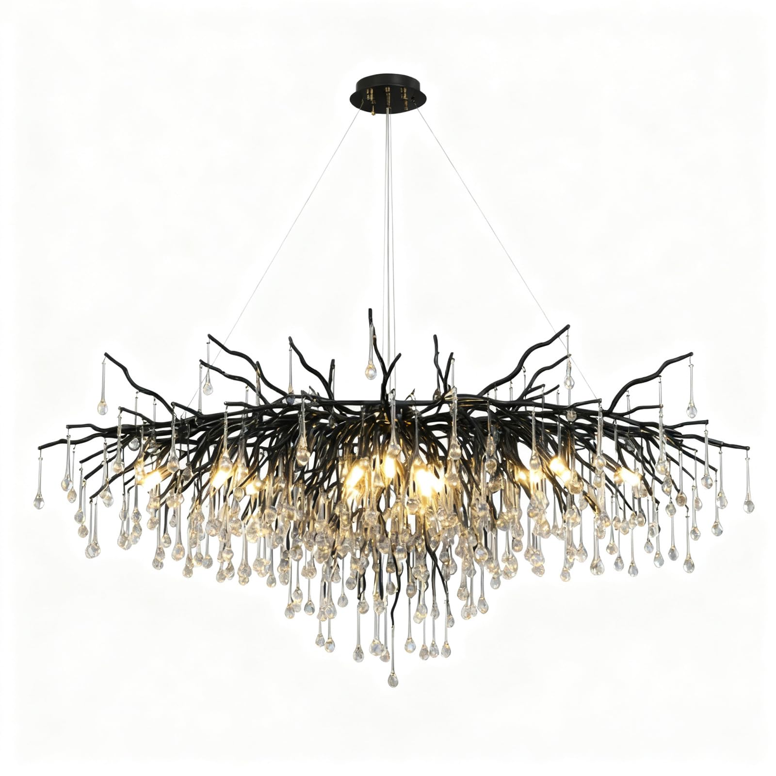 KXEcoLife Modern Crystal Rectangular Chandelier, Tree Branch Raindrop Chandelier Light Fixtures Large Kitchen Island Hanging Fixture for Living Room, Dining Foyer,Black L140cm