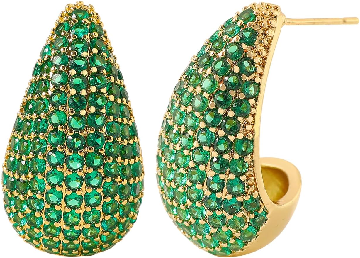 Chunky 18K Gold Plated Hoop Earring Silver Teardrop Earrings for Women Water Drop Lightweight Rhinestone Crystal Dangle Jewelry Wedding Bridal Bridesmaids Valentine's Gift for Woman Lover Mom