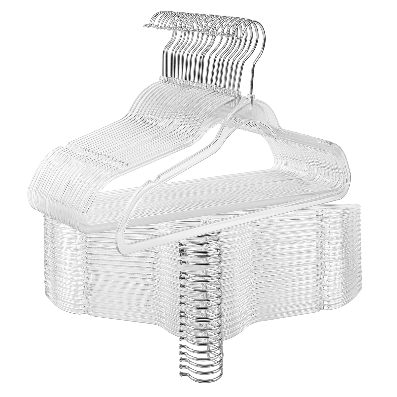 FREZON Clear Acrylic Hangers Plastic Hangers for Clothes for Adult Closet Heavy Duty Space Saving 360 Degree Swivel Hook and Notches (50, Silver/Clear)