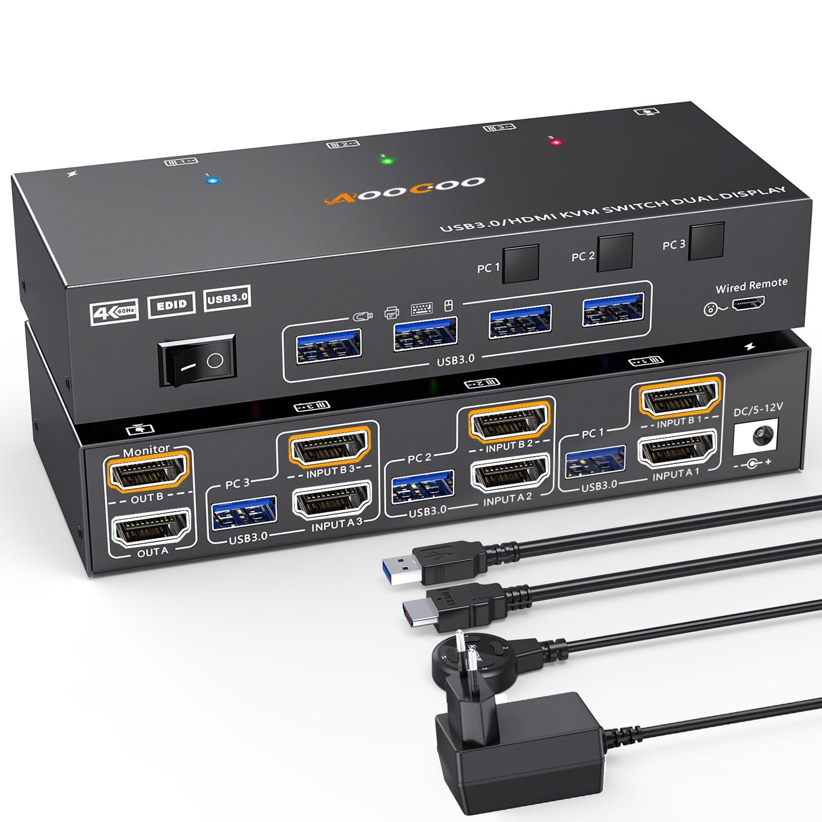 HDMI KVM Switch 3 PC 2 Monitore 4K@60Hz mit EDID Emulator, Dual Monitor KVM Switch 4 USB 3.0 Anschlüssen, inklusive Netzteil kabelgebundener Fernbedienung und Kabeln