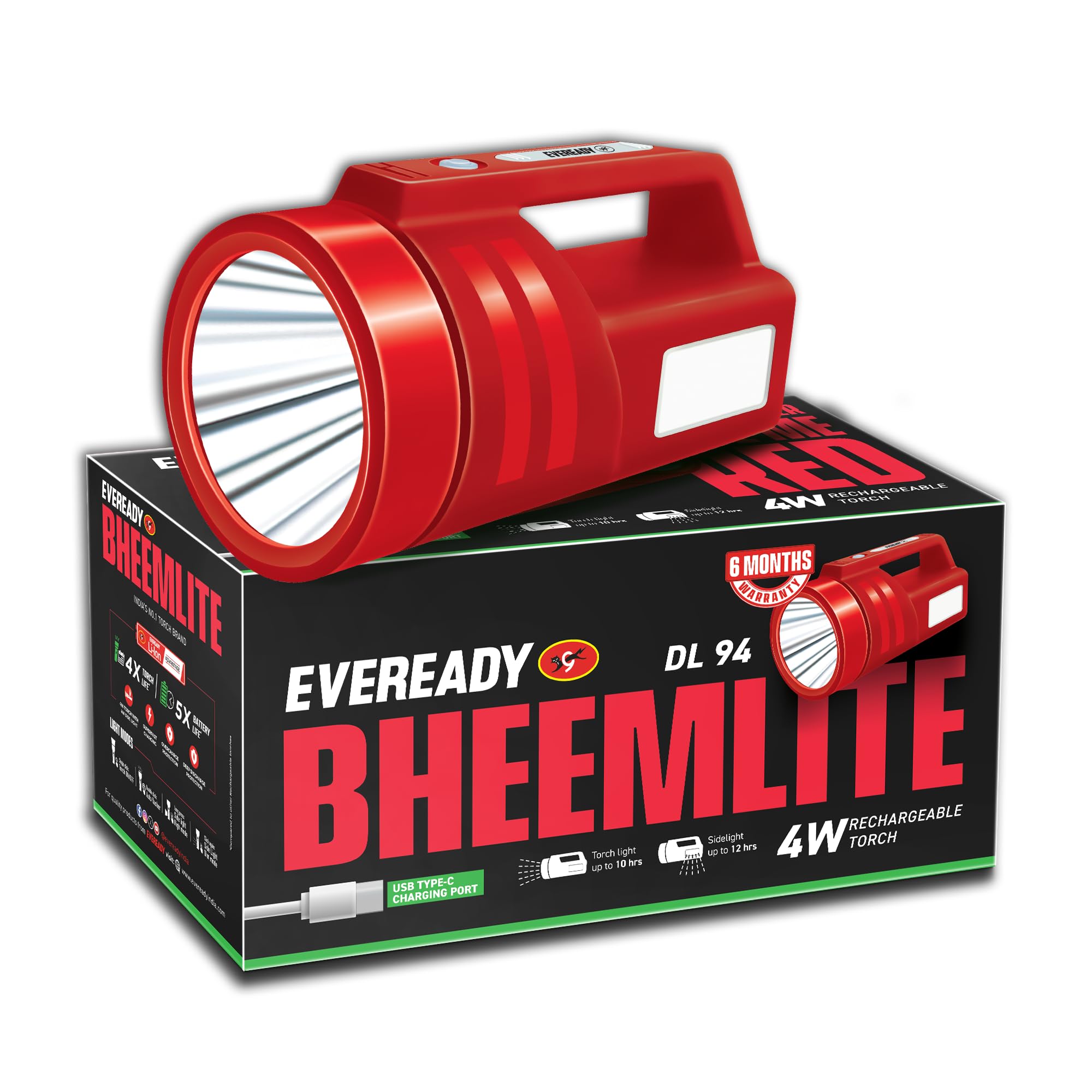 Eveready Bheemlite DL94, 4W Rechargeable LED Torch & 4W Sidelight, USB Type-C Fast Charging, 4 Light Modes, Overcharge & Deep Discharge Protection, Shoulder Strap Included, Powered by Li-ion Battery-image-42