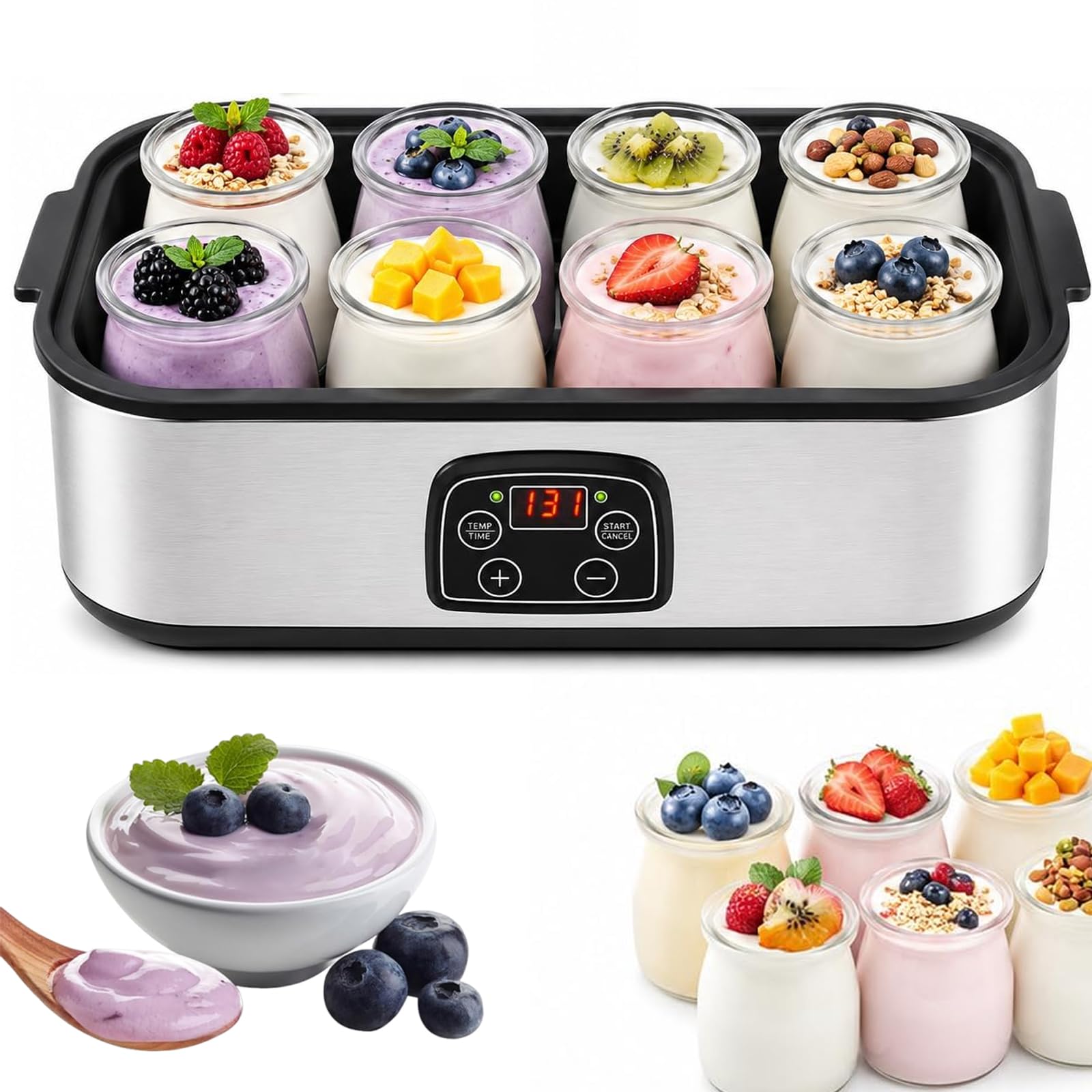 Yogurtiera 1400 ml con 8 vasetti di vetro, macchina per yogurt in acciaio inossidabile con display a LED, controllo del tempo e della temperatura regolabili, per dessert biologici fatti in casa