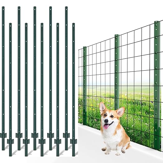 AMAGABELI GARDEN & HOME Metal Fence Posts 4 Feet 10 Pack Heavy Duty No Dig Garden U Post Stakes for Wire Fence Temporary Fencing Safety Fence Plastic Mesh Fence Garden Fencing T Post for Yard Green