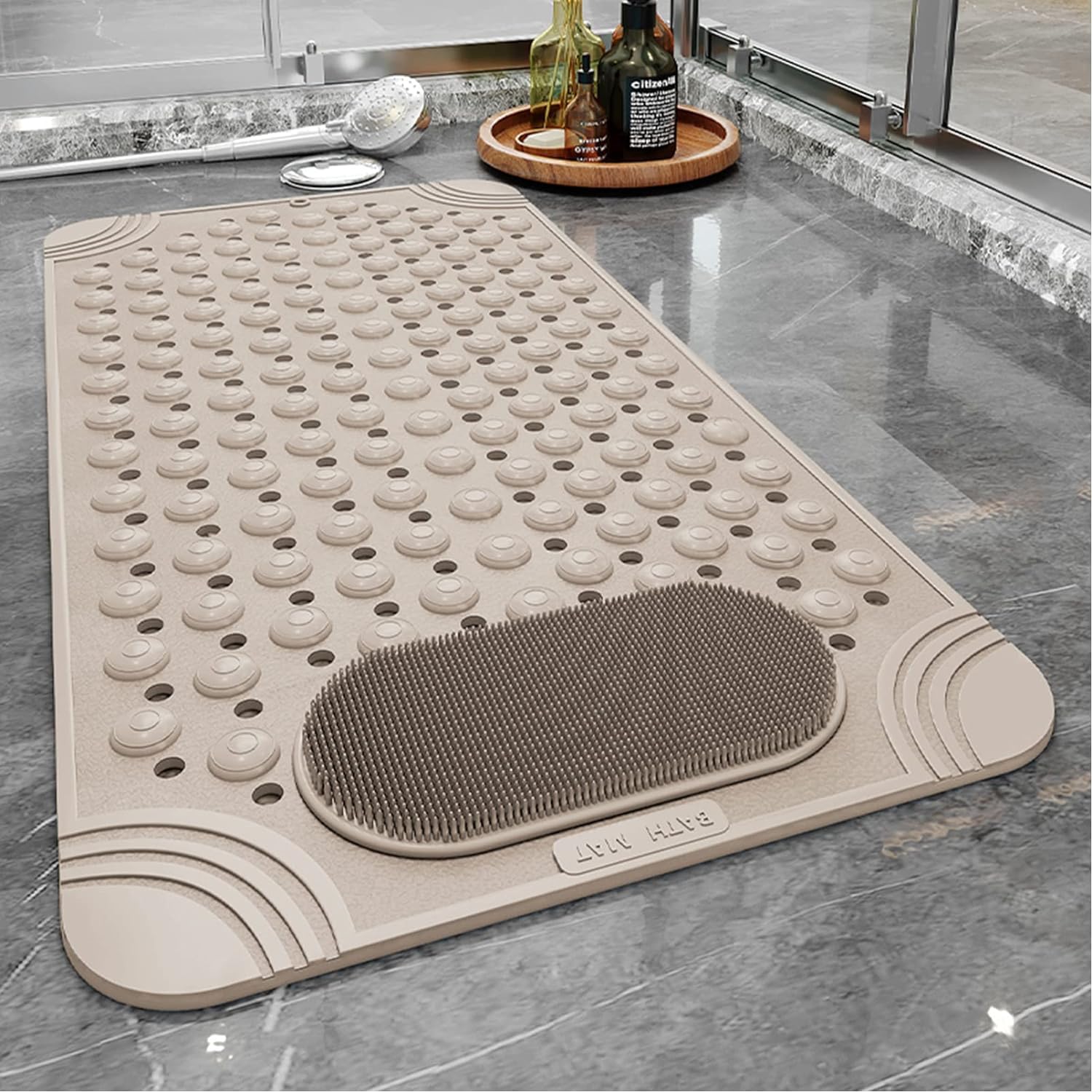 LESIGE Shower Mat Non Slip - Bath Mat with a Drain Hole and Suction Cups to Keep Floor Clean, Shower Foot Scrubber Massage Mat (Beige)-image-38