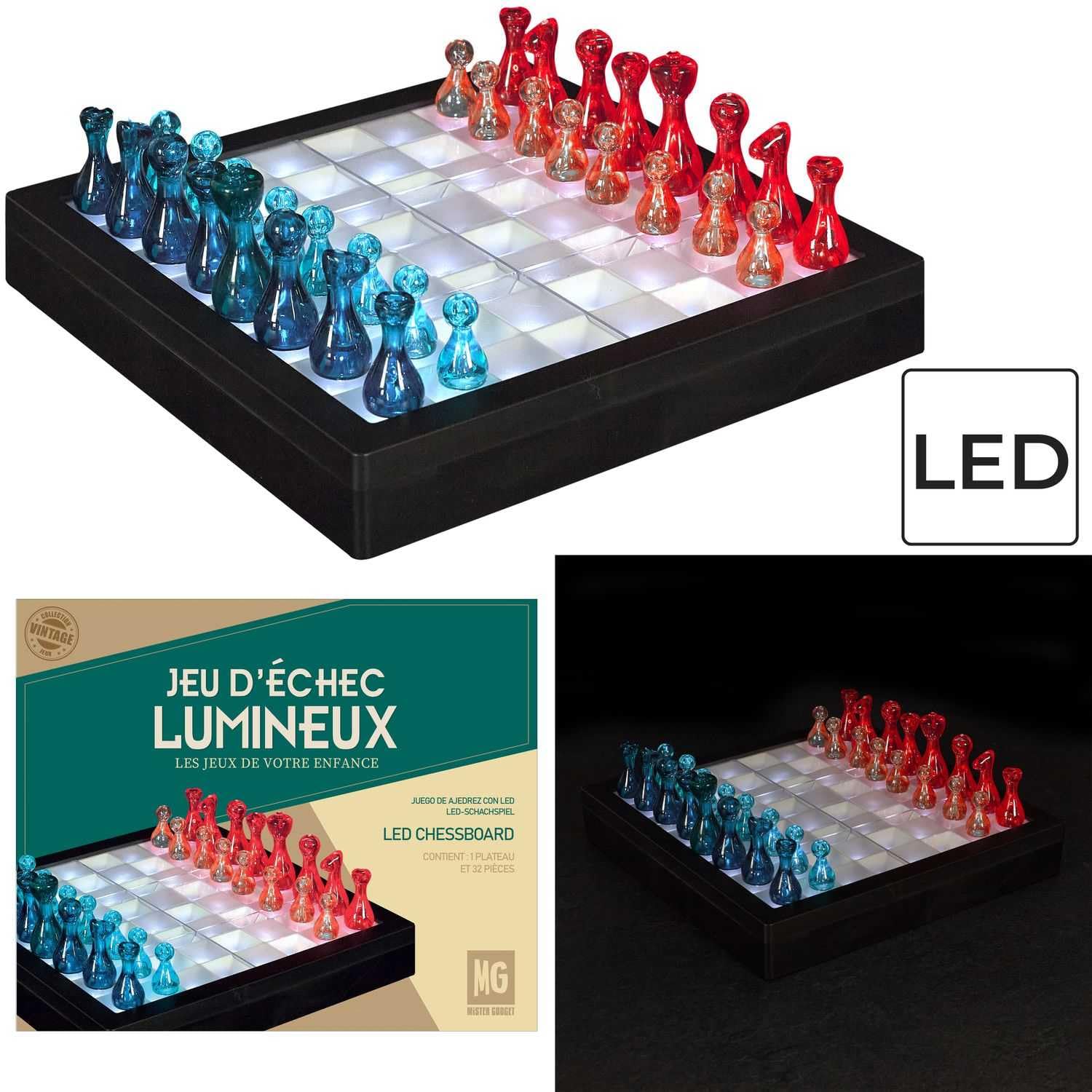MISTER GADGET Jeu d'Échecs Transparent LED Échiquier Lumineux Multicolore | Plastique PS, jeu d'échecs transparent LED, échiquier lumineux, pièces noires bleues et blanches, soirées, multicolore