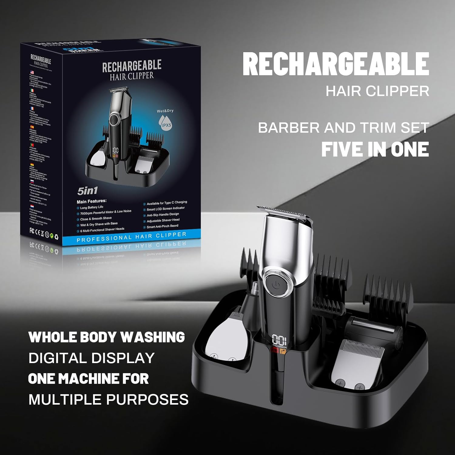 Mens Hair Clippers, Cordless Beard Trimmer Set Waterproof Versatile Nose Hair Trimmer for Men Temple, Groin, Nose, Ear Hairs, Hair, Beard, Body Professional Manscaper Rechargeable Shaver Man Gift